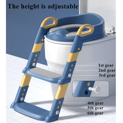 Potty Training Seat with Step Stool Ladder, Foldable Training Seat with Handles, Height Adjustable for Toddlers（Blue)