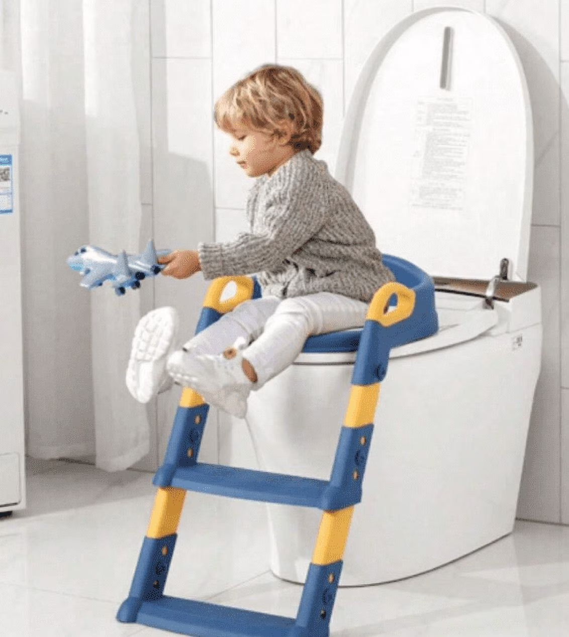 Potty Training Seat with Step Stool Ladder, Foldable Training Seat with Handles, Height Adjustable for Toddlers（Blue)